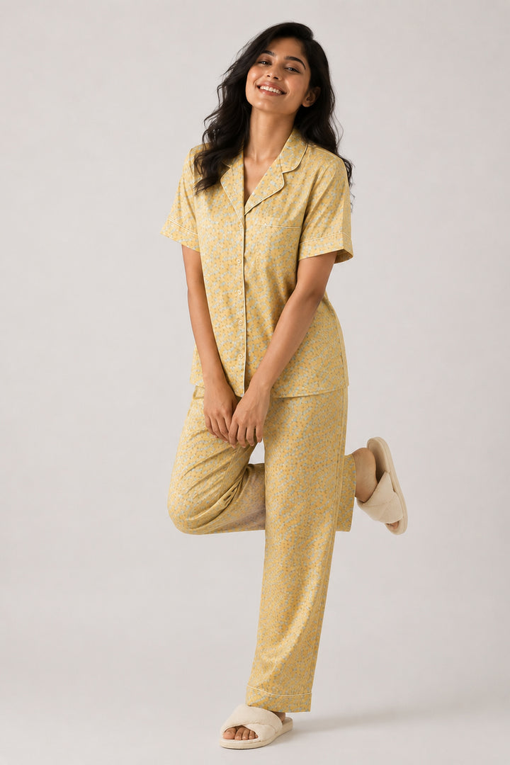 Mustard Bloom Button Down Long  PJ set in Japan Satin