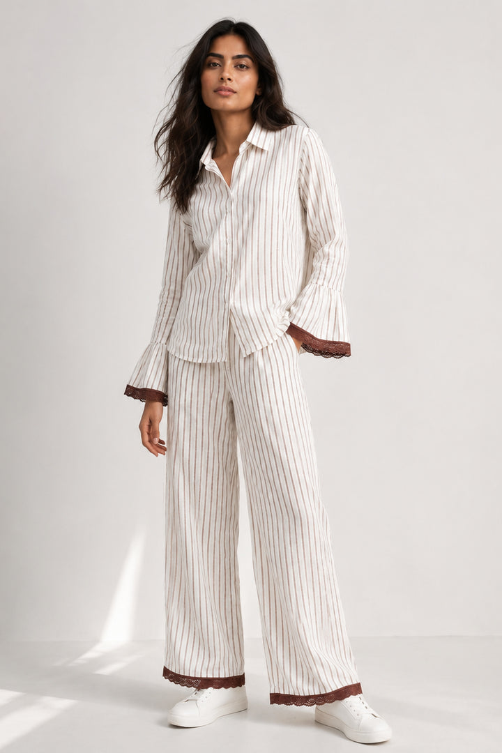 Mocha Mornings  Stripe Cotton Wide Leg Pants Co-ord Set