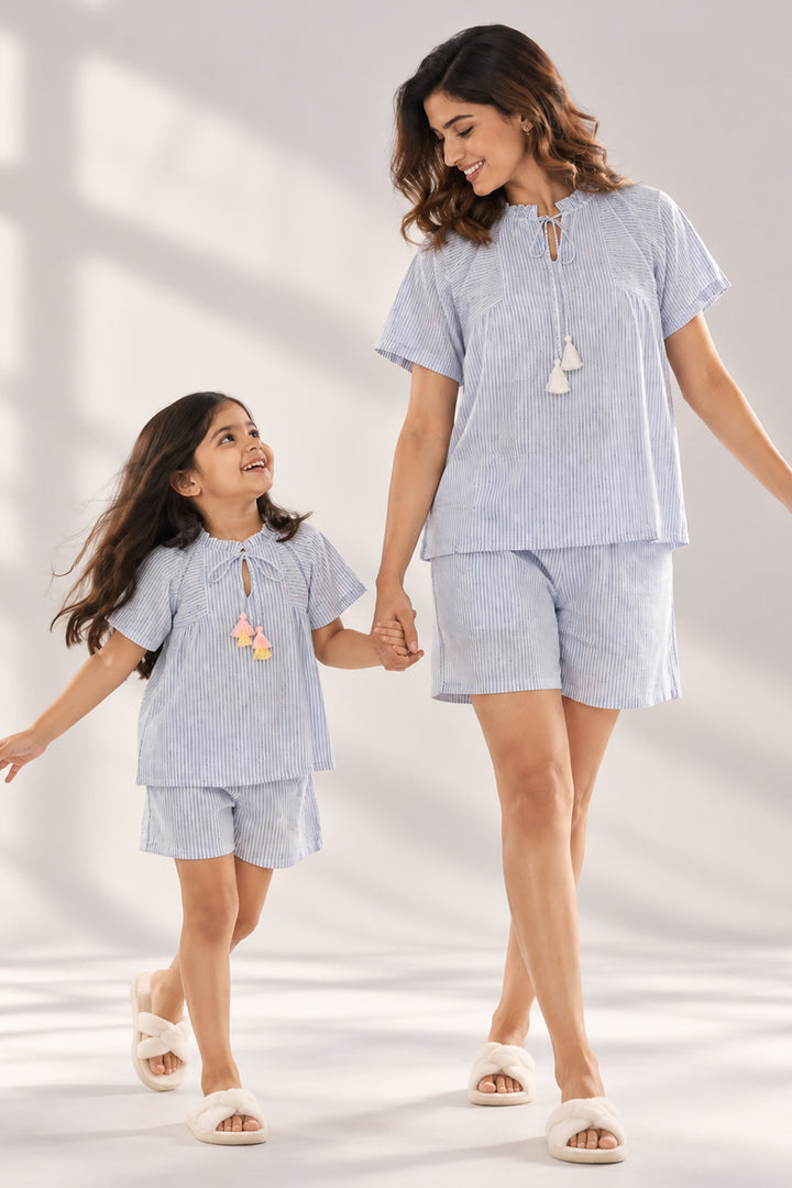 Mom & Me - Urban Breeze Dusty Blue Stripe Short Set