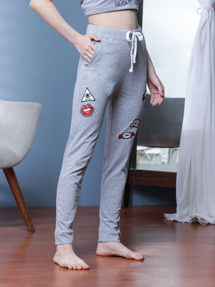 Women Solid Comfort Fit Mid-Rise Applique Lounge Joggers