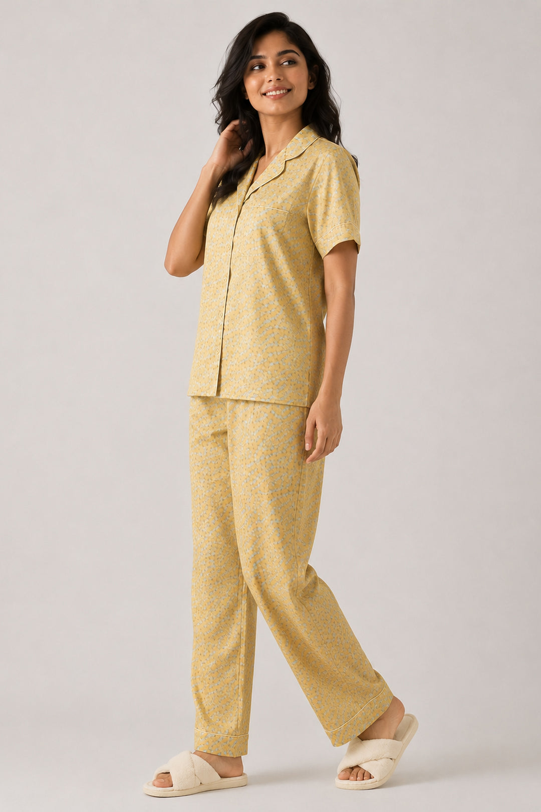 Mustard Bloom Button Down Long  PJ set in Japan Satin