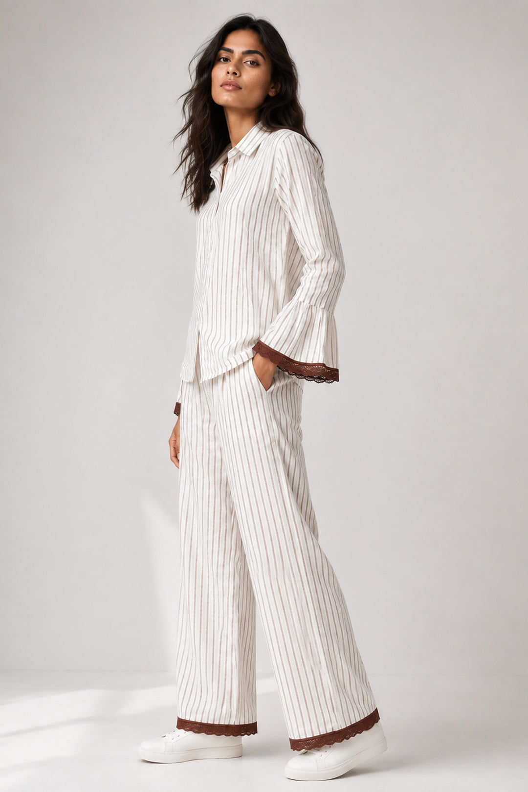 Mocha Mornings  Stripe Cotton Wide Leg Pants Co-ord Set