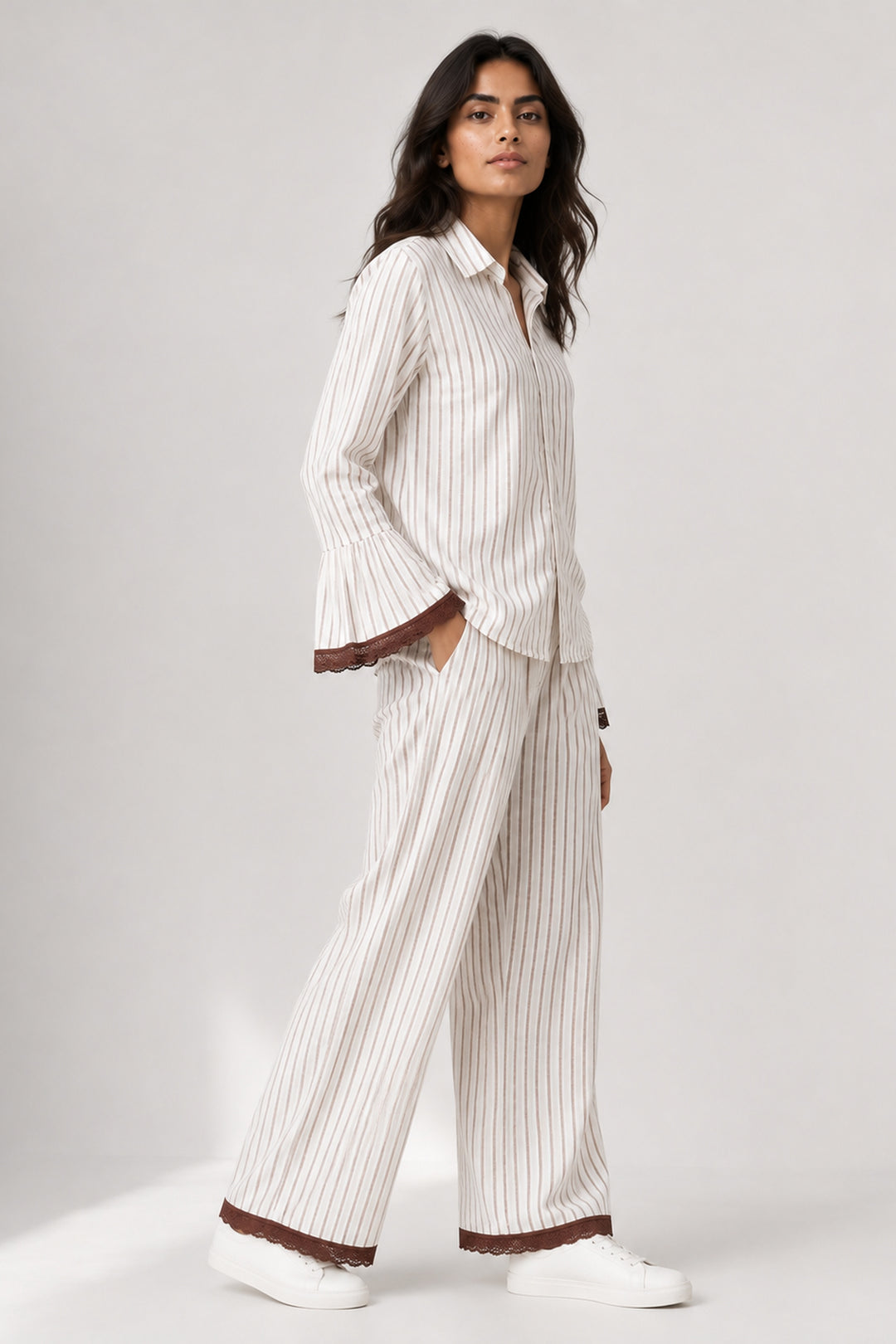 Mocha Mornings  Stripe Cotton Wide Leg Pants Co-ord Set