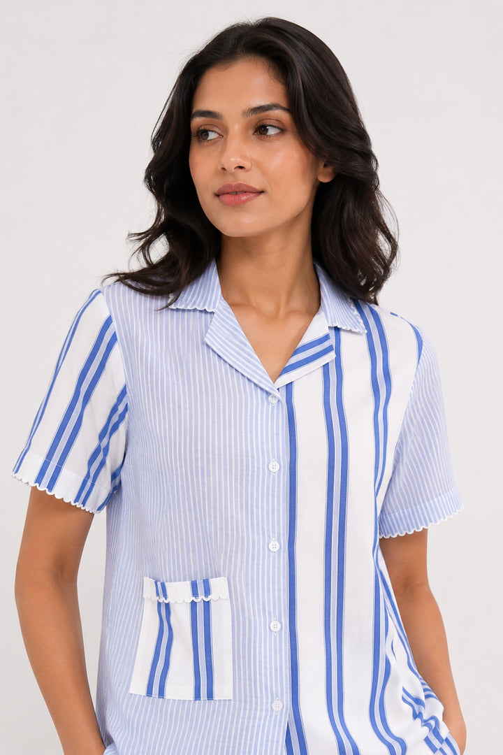 Blue Harmony Stripe PJ Set in 100% Cotton