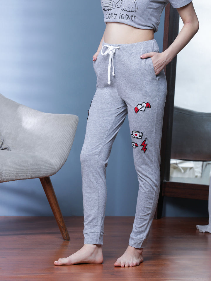 Women Solid Comfort Fit Mid-Rise Applique Lounge Joggers