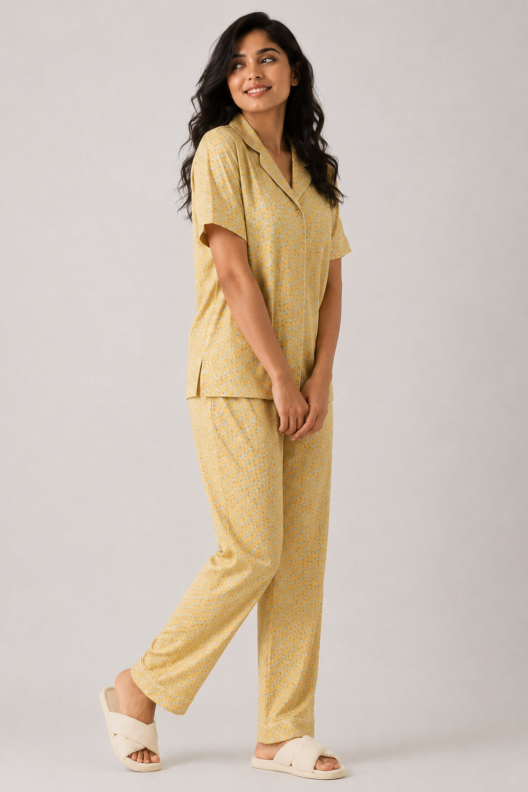 Mustard Bloom Button Down Long  PJ set in Japan Satin
