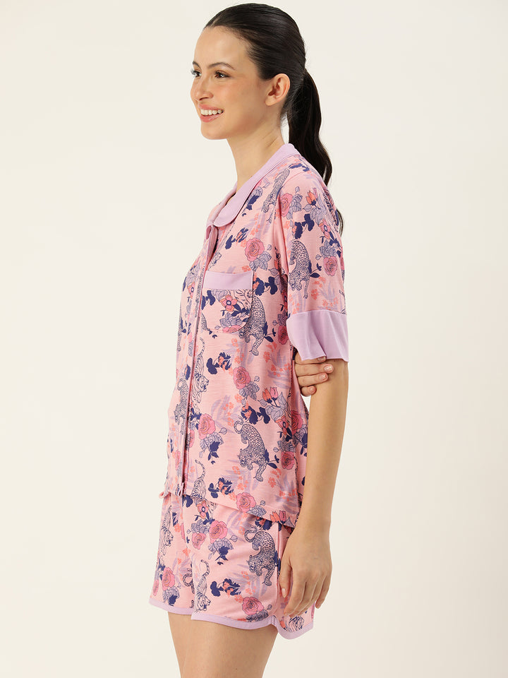 Conversational Printed Shirt Collar Night suit