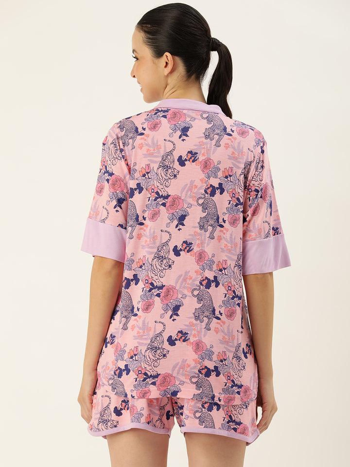 Conversational Printed Shirt Collar Night suit
