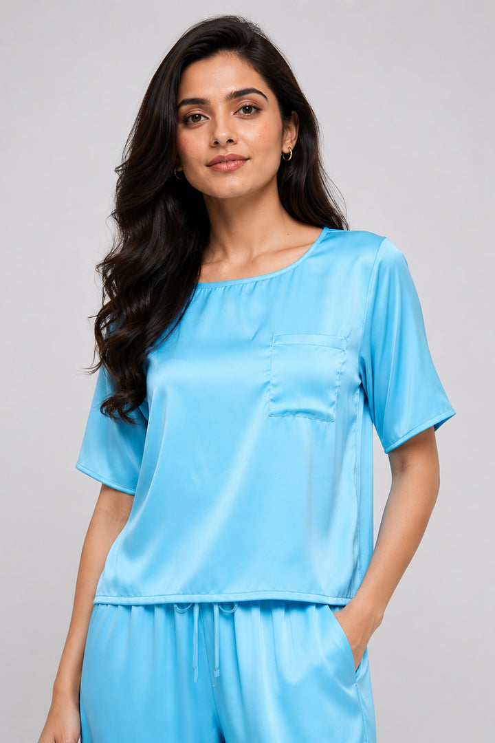 Aqua bloom half sleeve pj set with pocket
