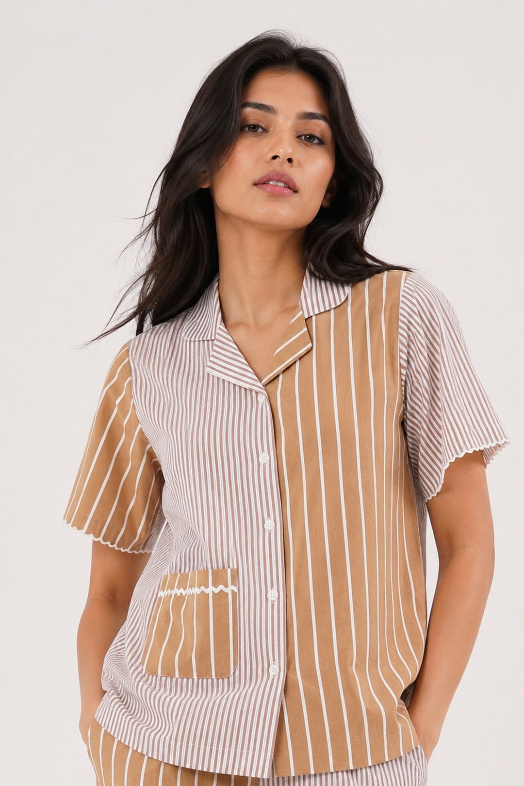 Mix & Match Stripe Beige PJ Set in 100% Cotton