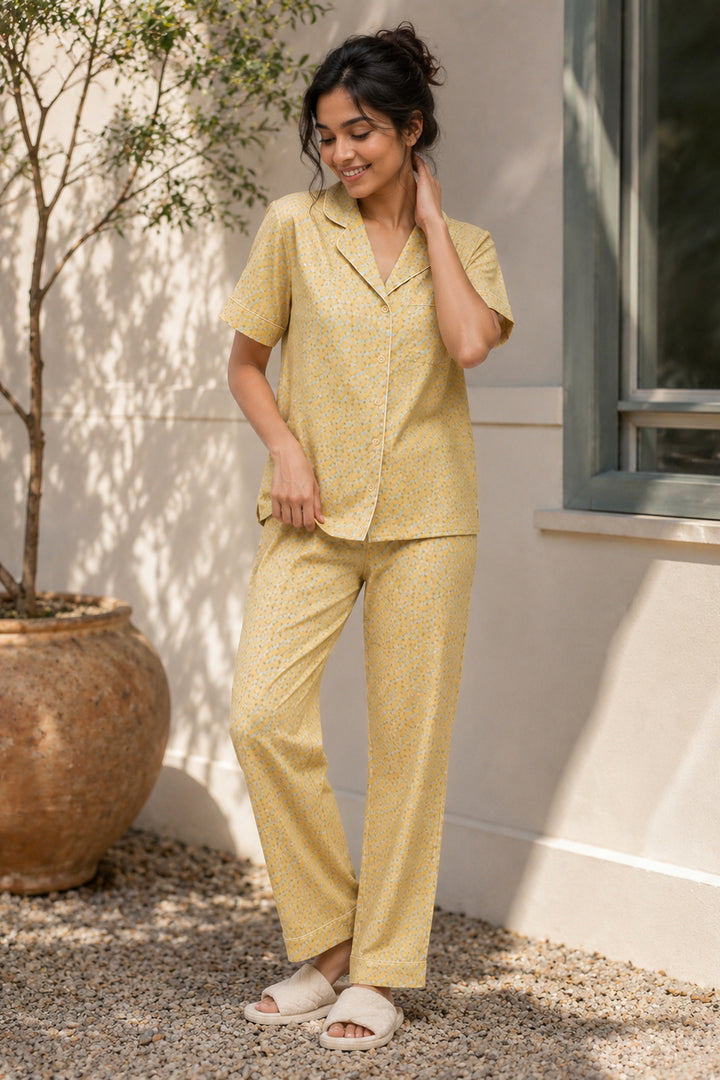 Mustard Bloom Button Down Long  PJ set in Japan Satin