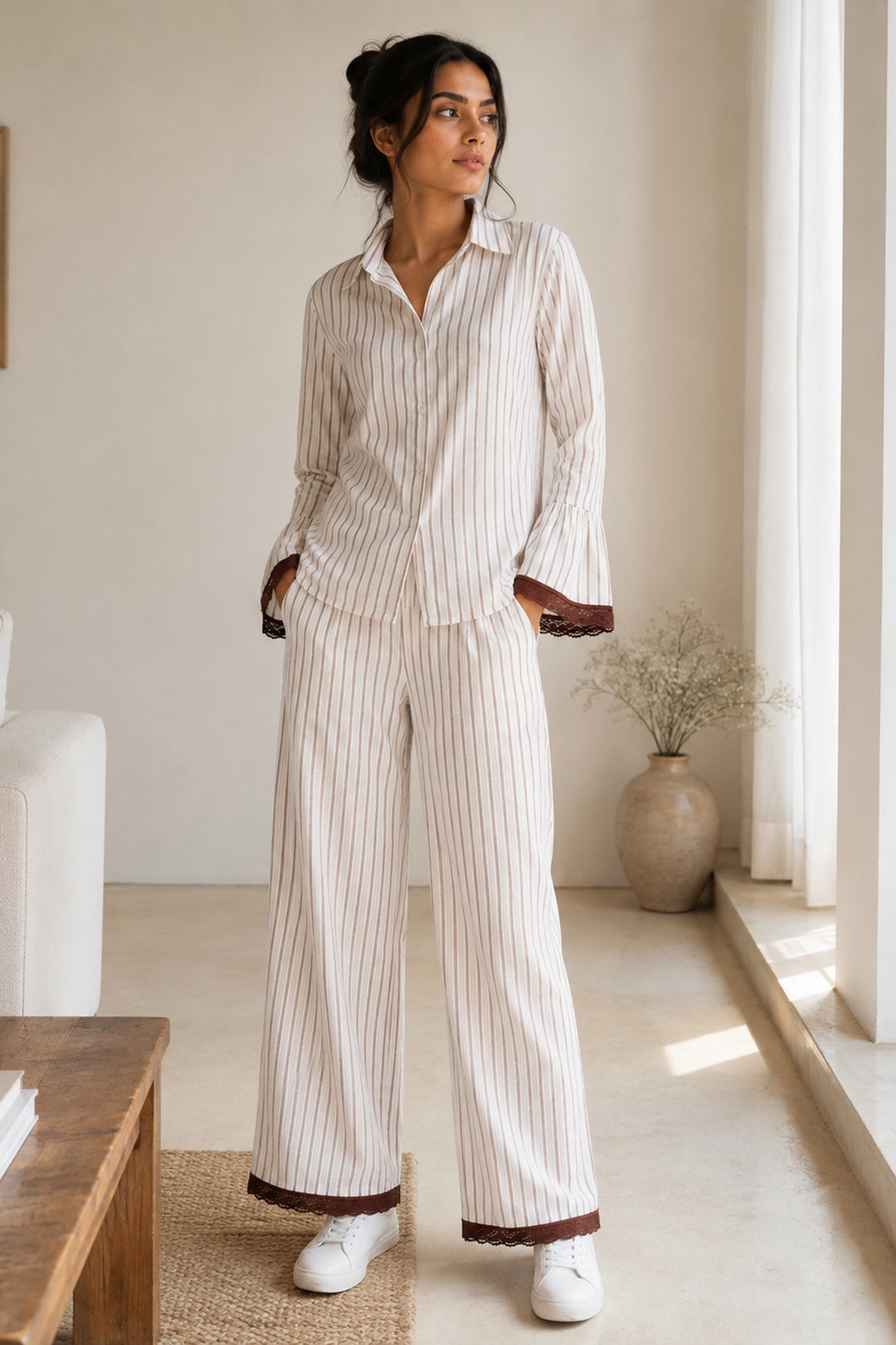 Mocha Mornings  Stripe Cotton Wide Leg Pants Co-ord Set