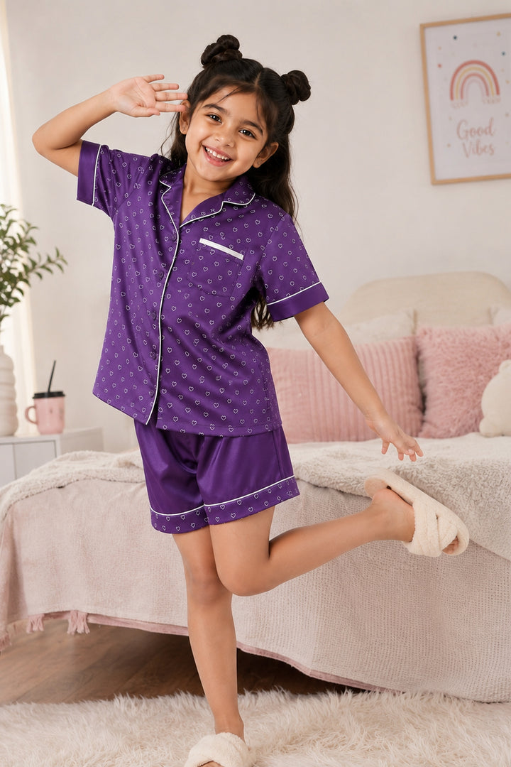 Lavender Love Kids Collared Short Set in Japan Satin