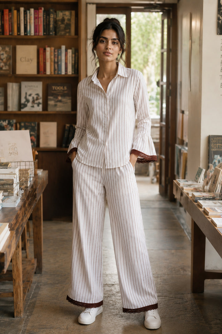 Mocha Mornings  Stripe Cotton Wide Leg Pants Co-ord Set