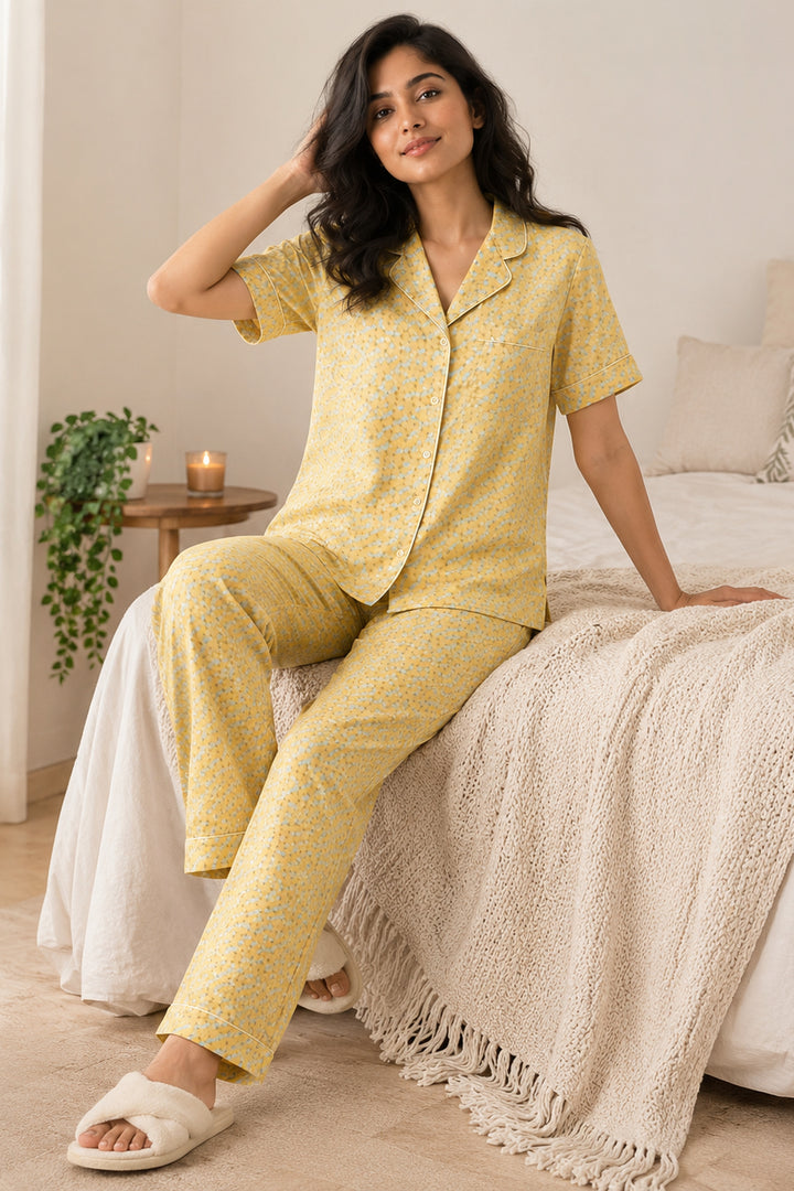 Mustard Bloom Button Down Long  PJ set in Japan Satin