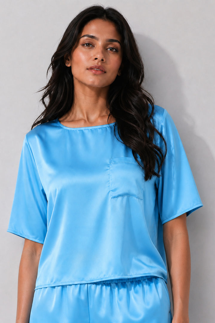 Aqua Bloom  Half Sleeve Short Set With Pocket