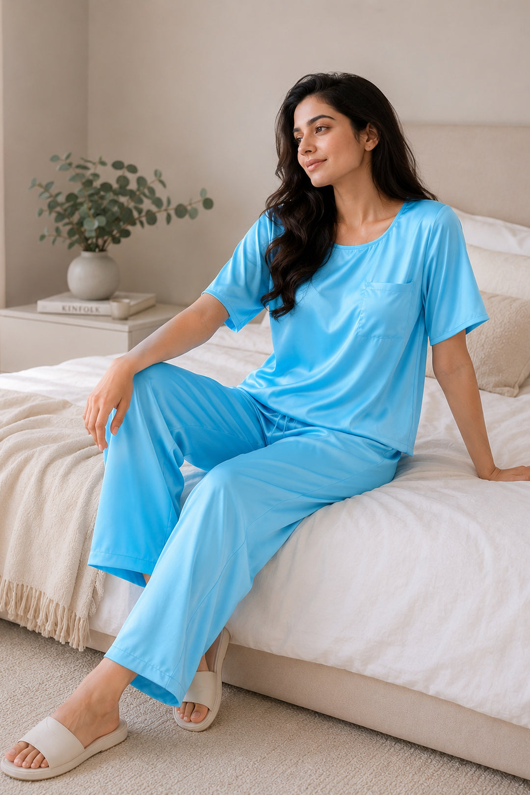 Aqua bloom half sleeve pj set with pocket