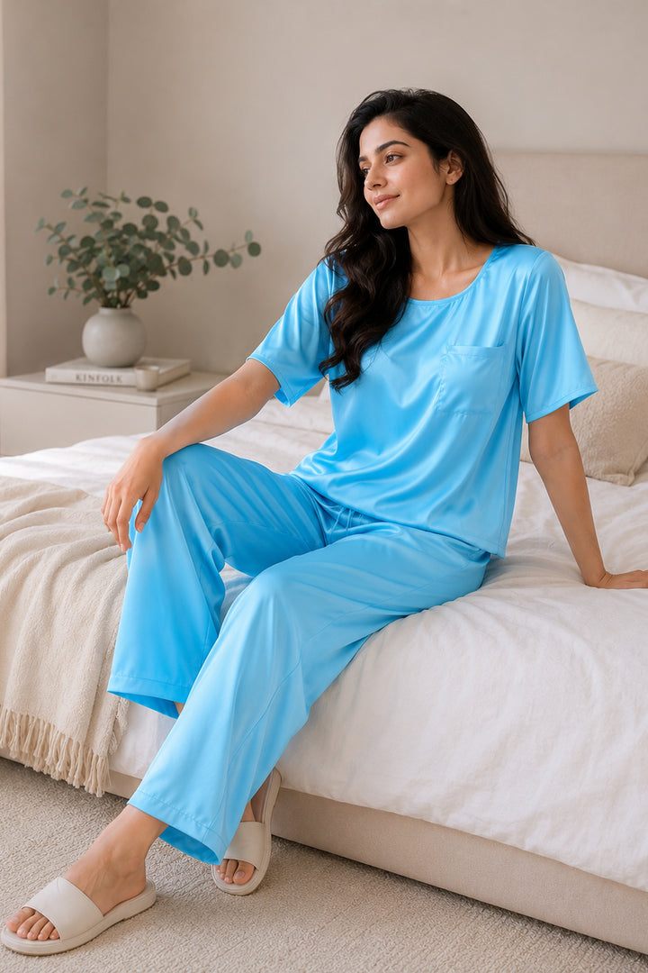 Aqua bloom half sleeve pj set with pocket