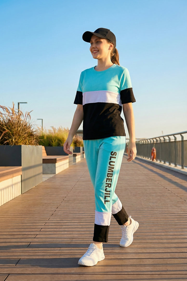 SLUMBER EVERYDAY AQUA CASCADE LOUNGE SET MADE OF COTTON