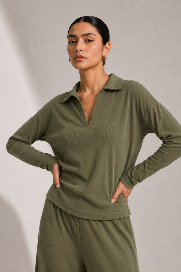 AirLuxe Rib™ Olive Vneck Full Sleeve Collared Top