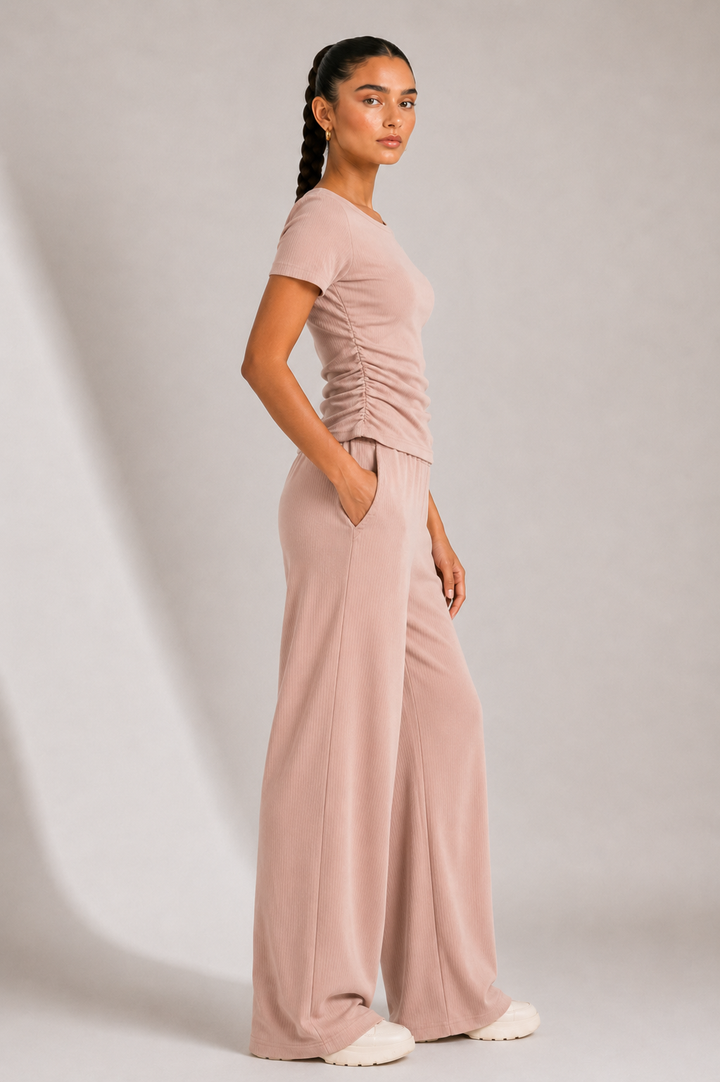 AirLuxe Rib™ Petal Blush Fluid Wide Leg Pants