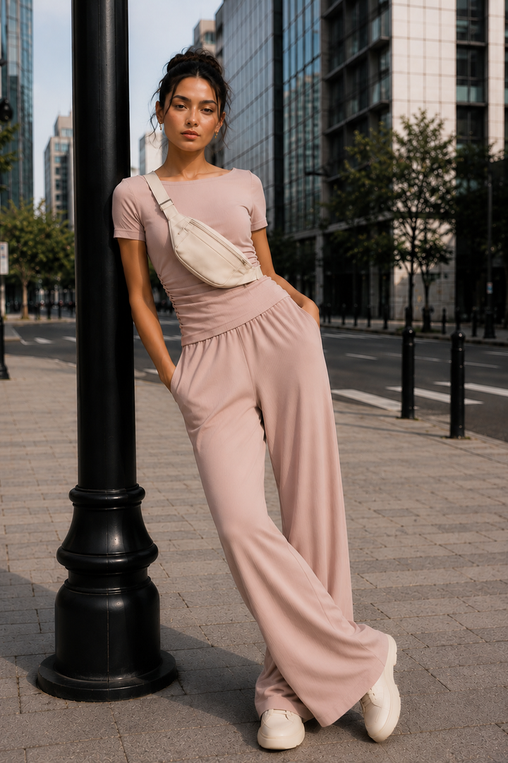 AirLuxe Rib™ Petal Blush Fluid Wide Leg Pants