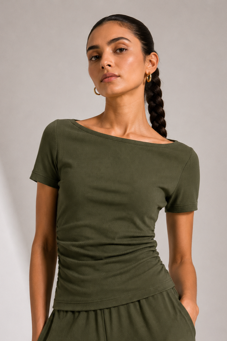 AirLuxe Rib™ Olive Mmist Side Ruched Top