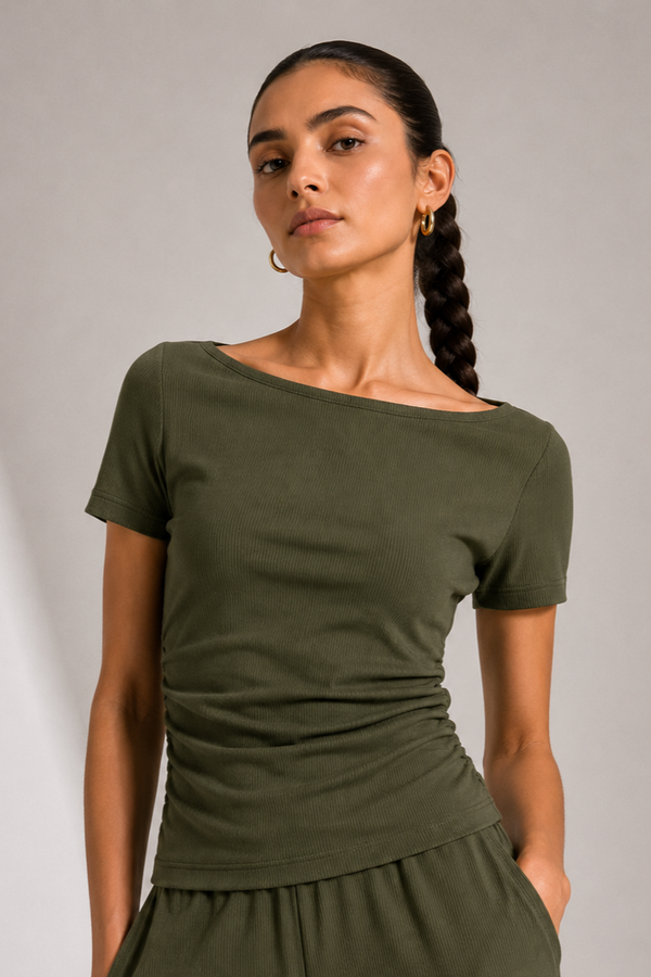 AirLuxe Rib™ Olive Mmist Side Ruched Top