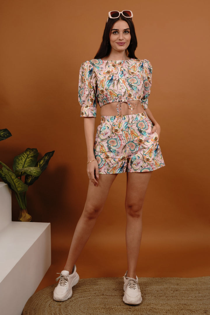 Tropical Dream Puff Sleeve Tie-Up Short Sets for Women