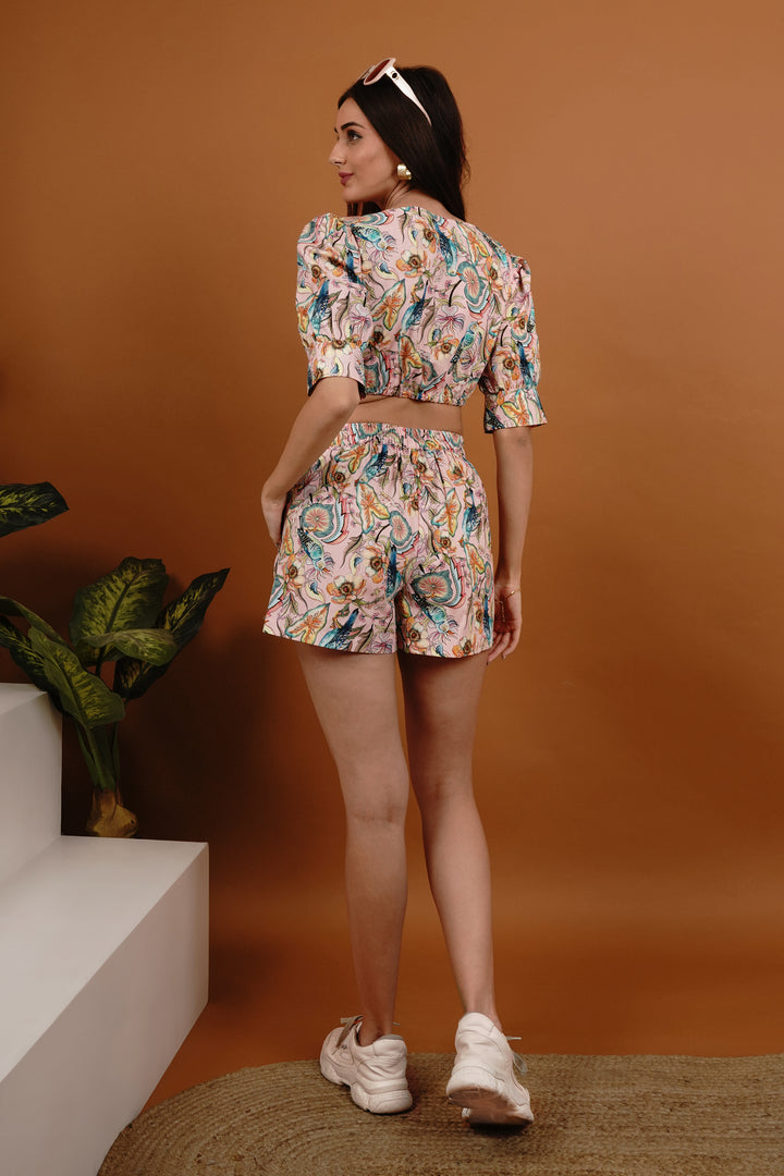 Tropical Dream Puff Sleeve Tie-Up Short Sets for Women