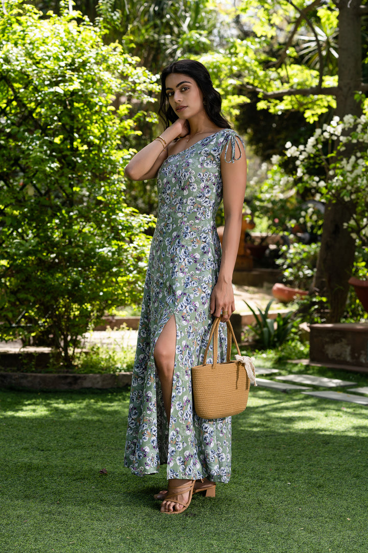 Floral Cascade One-Shoulder long  Dress