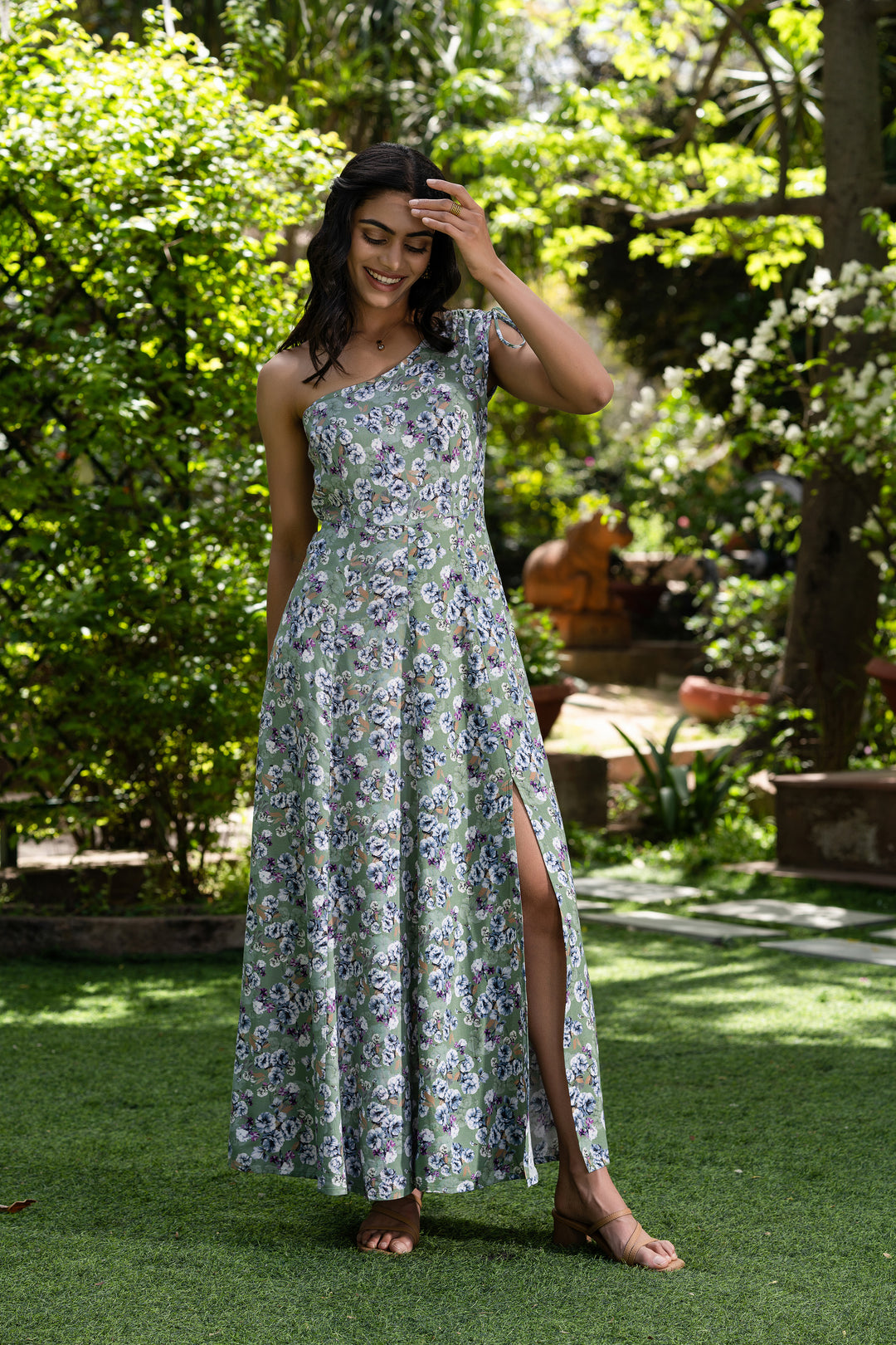 Floral Cascade One-Shoulder long  Dress