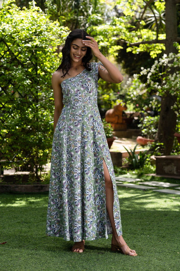 Floral Cascade One-Shoulder long  Dress