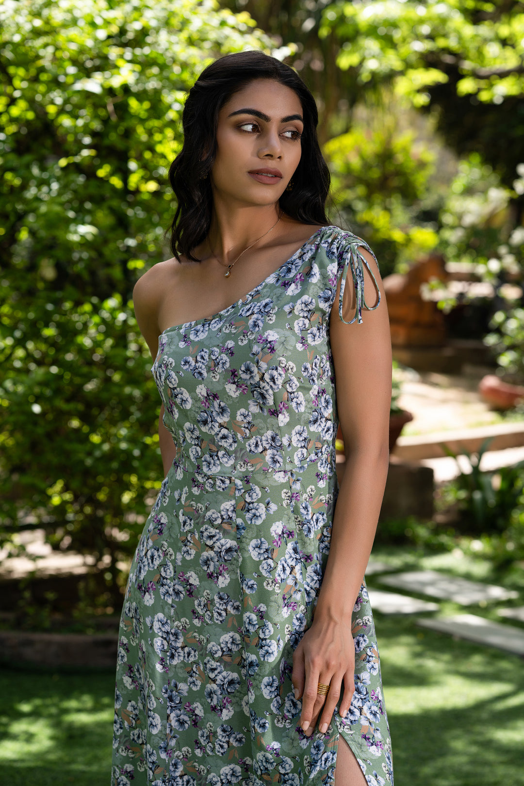 Floral Cascade One-Shoulder long  Dress