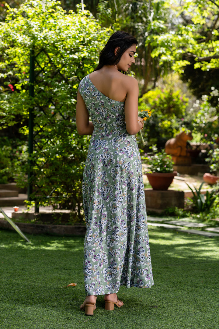 Floral Cascade One-Shoulder long  Dress