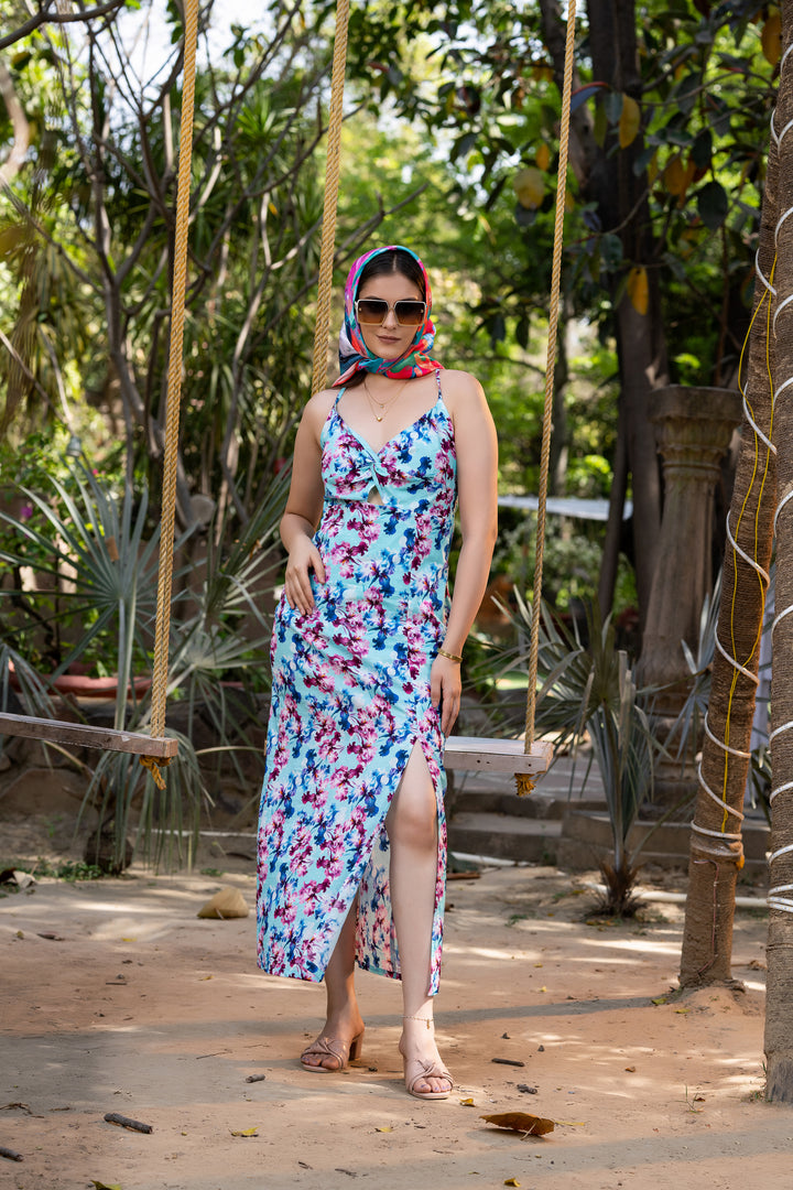 Floral Serendipity front Twist Cutout Side Slit Dress