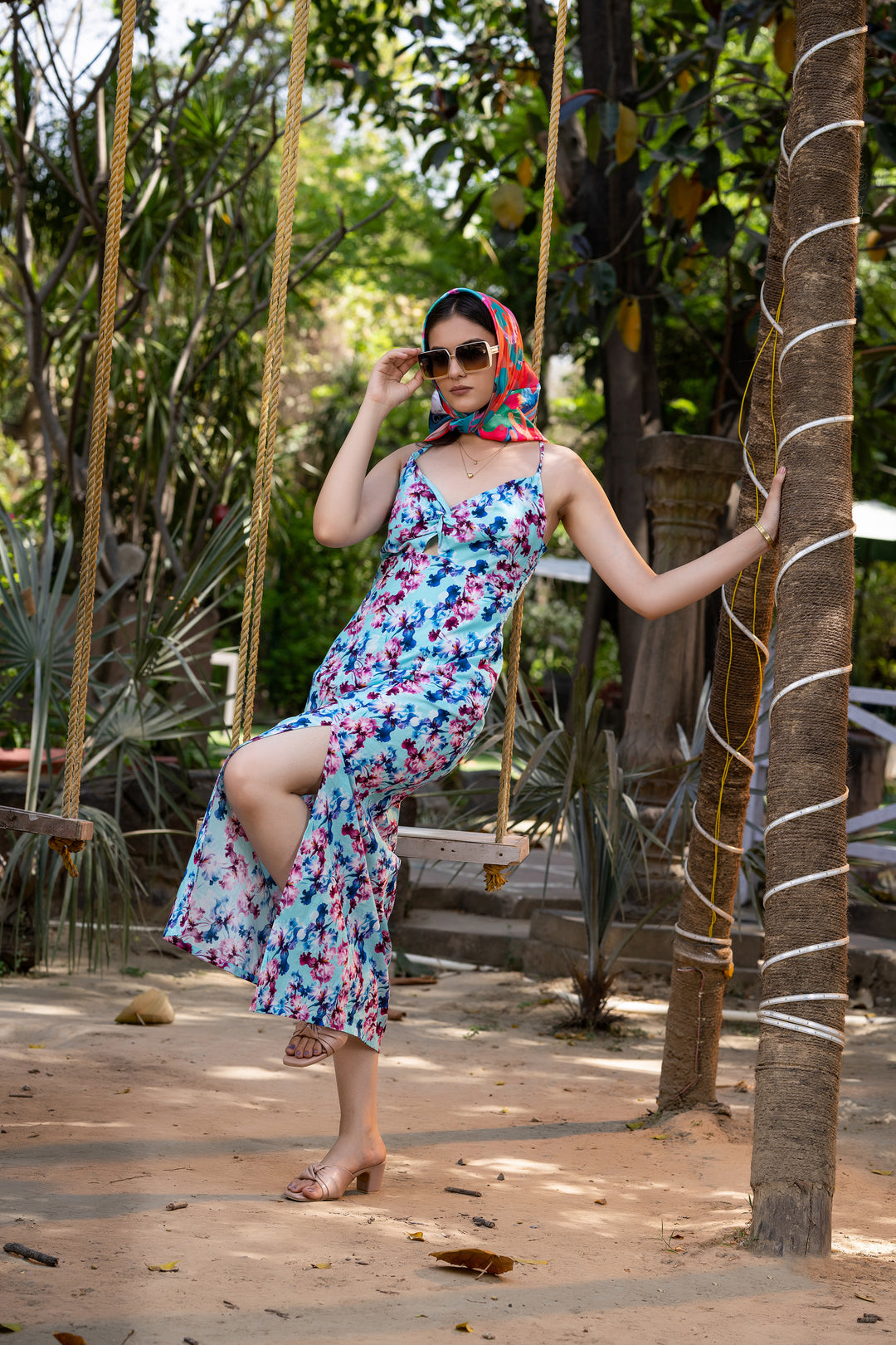 Floral Serendipity front Twist Cutout Side Slit Dress