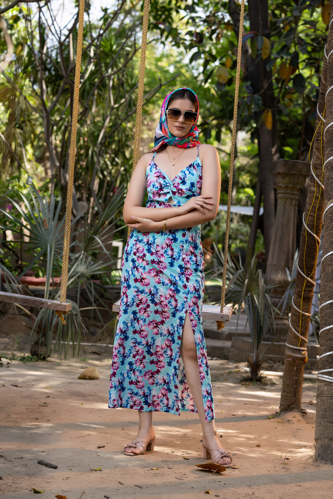 Floral Serendipity front Twist Cutout Side Slit Dress