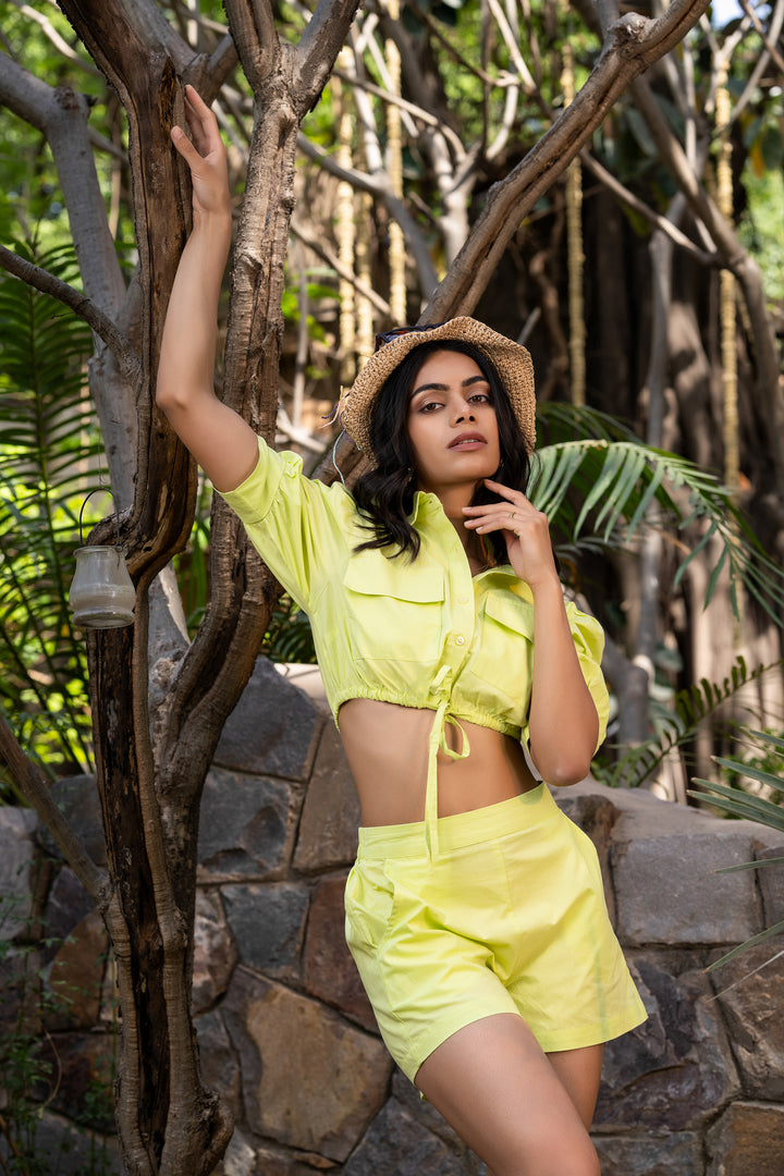 Lime Splash Puff Sleeve Tie-Up Short Set