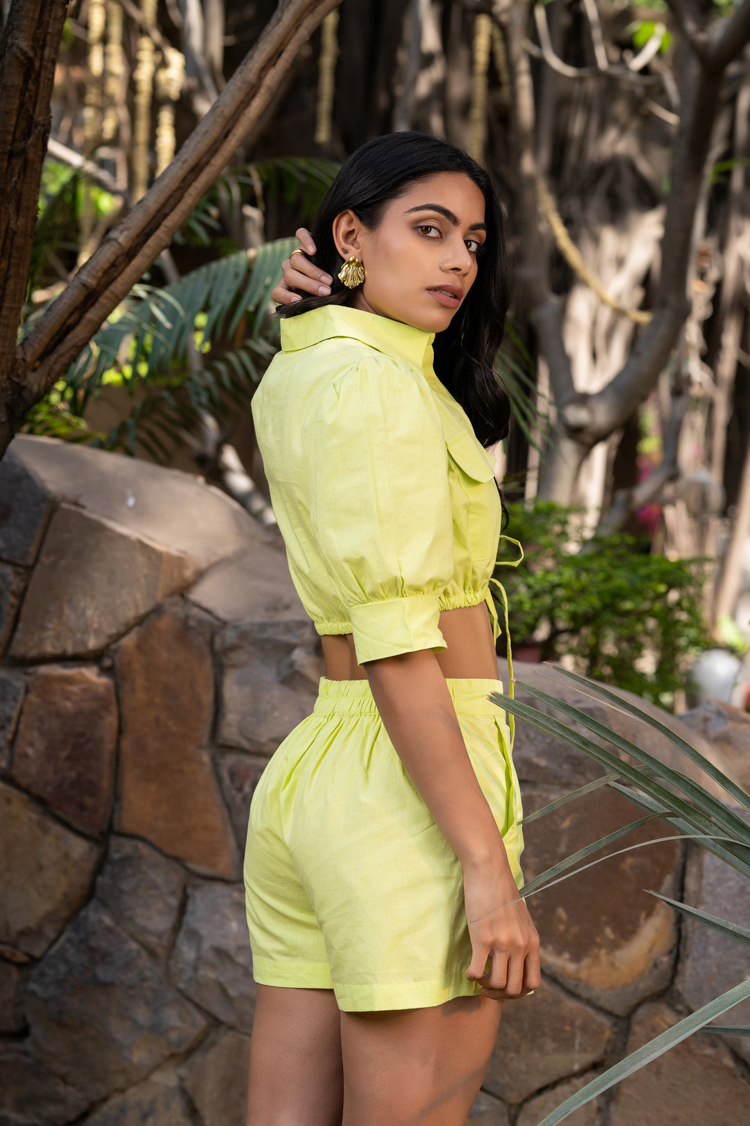 Lime Splash Puff Sleeve Tie-Up Short Set