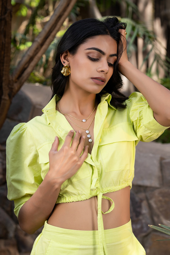 Lime Splash Puff Sleeve Tie-Up Short Set