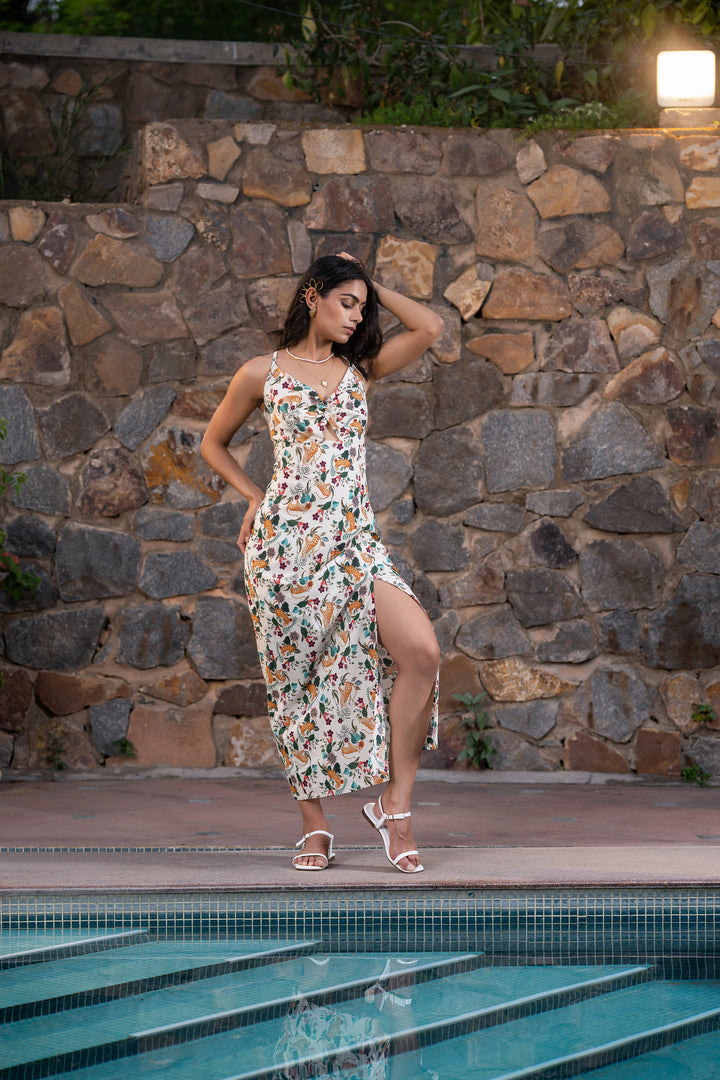 Floral Safari Front Twist Cutout Side Slit Dress