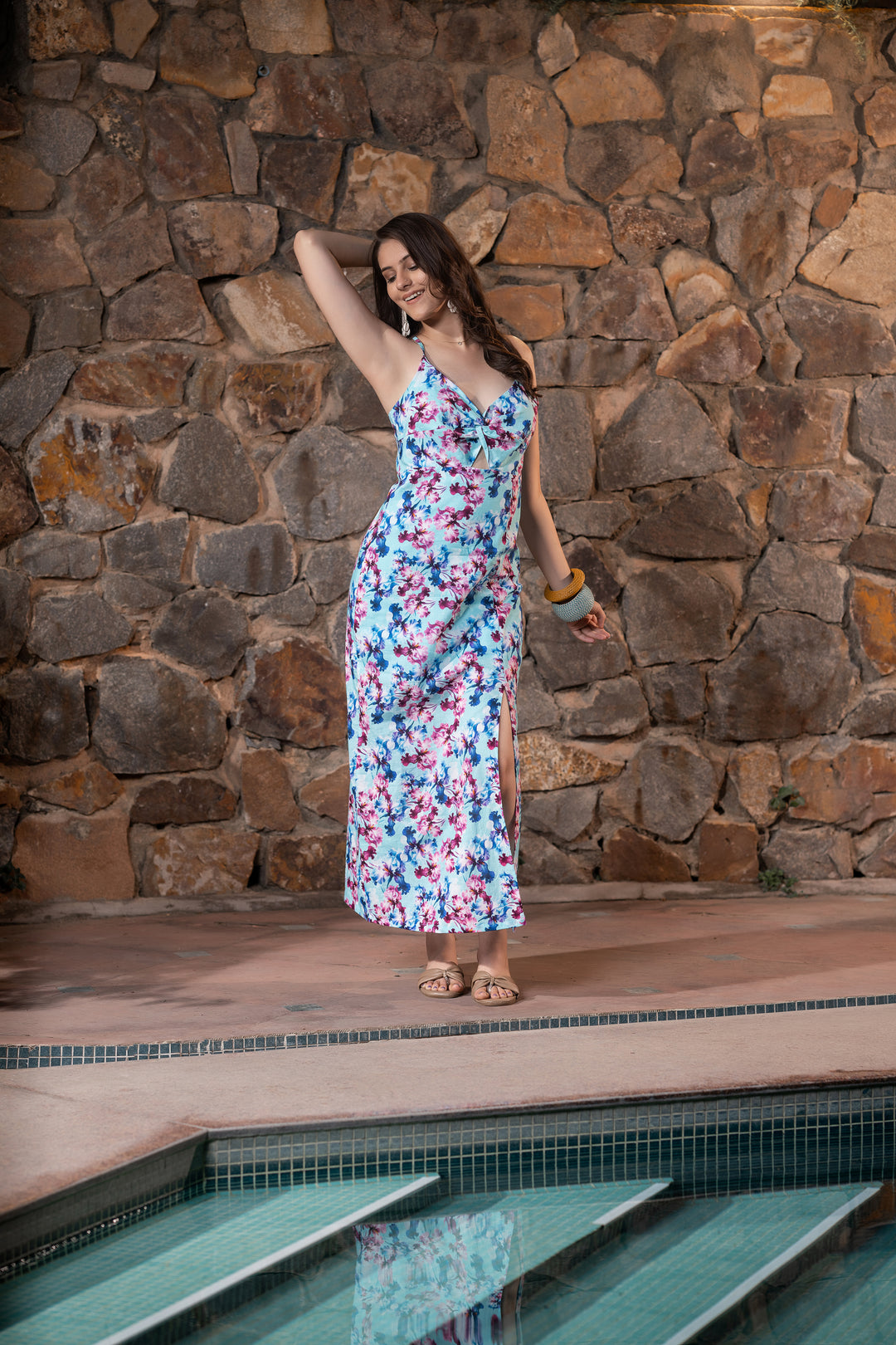 Floral Serendipity front Twist Cutout Side Slit Dress
