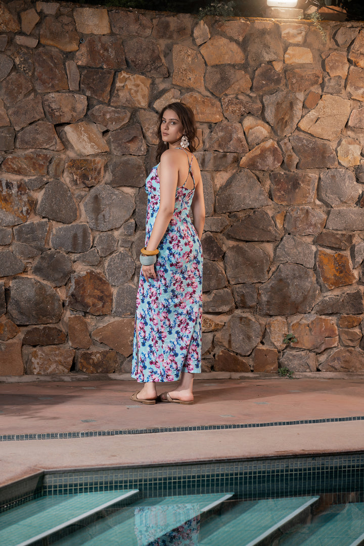 Floral Serendipity front Twist Cutout Side Slit Dress