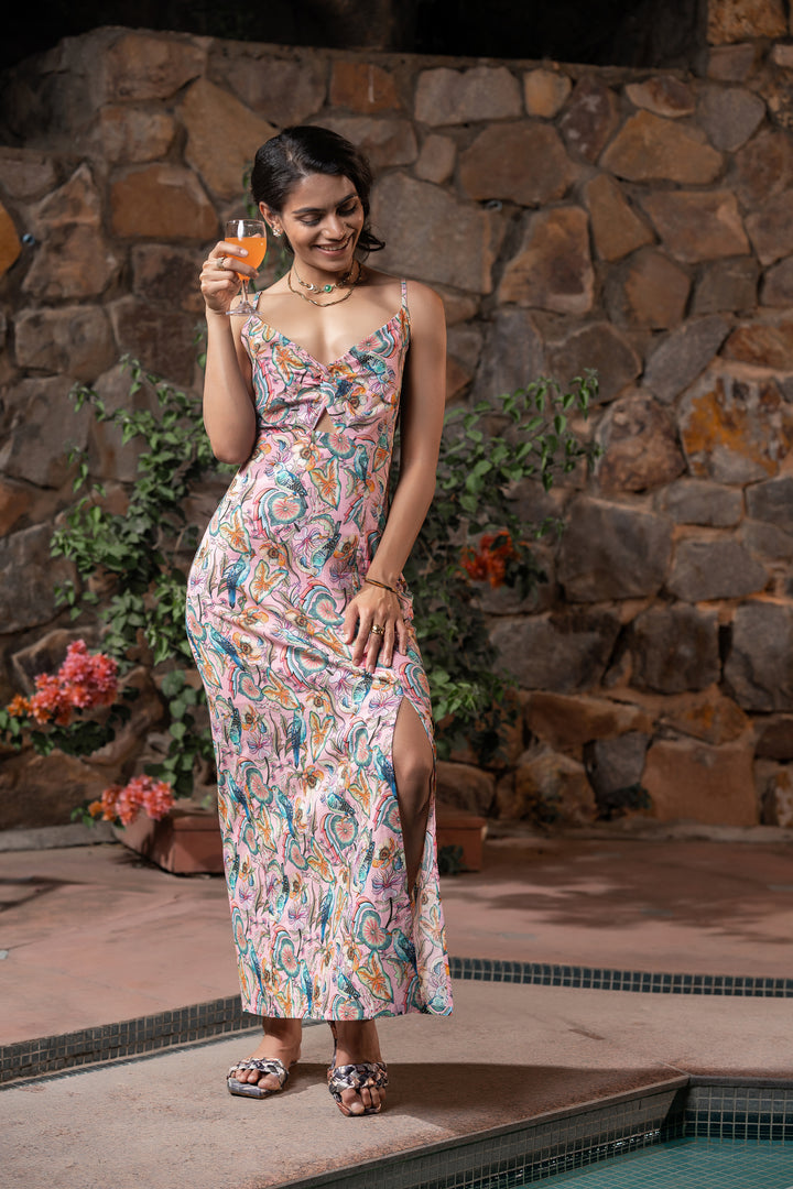 Tropical Dream Front Twist Cutout Side Slit Dress