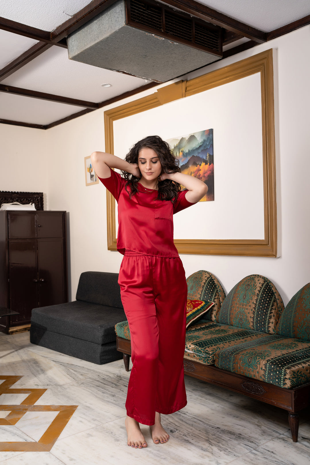 Berry Blush Half Sleeve Womens Red Pajamas With Pocket
