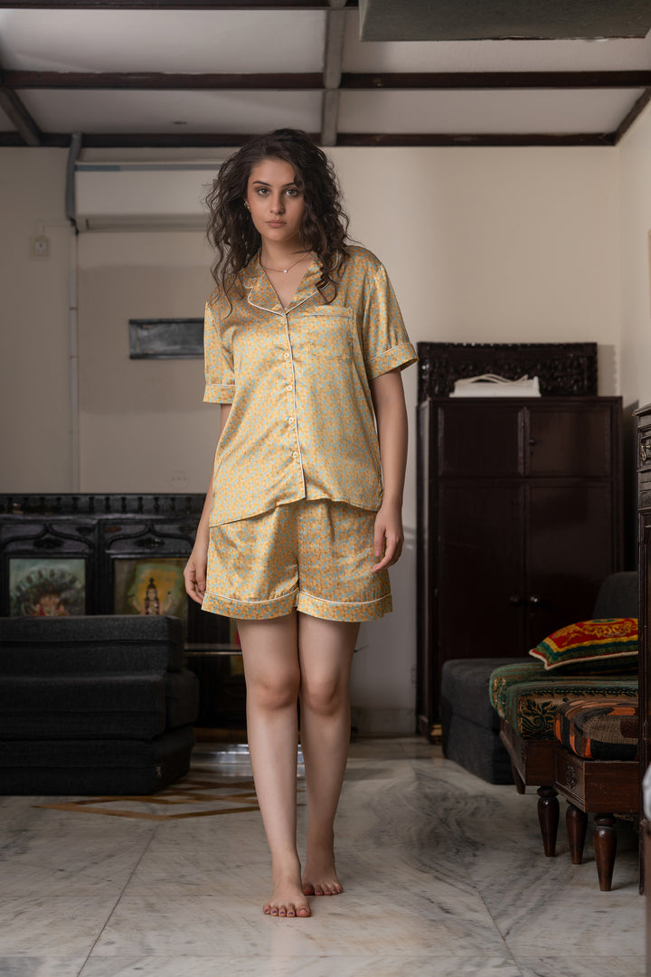 Mustard bloom button down short set in japan satin
