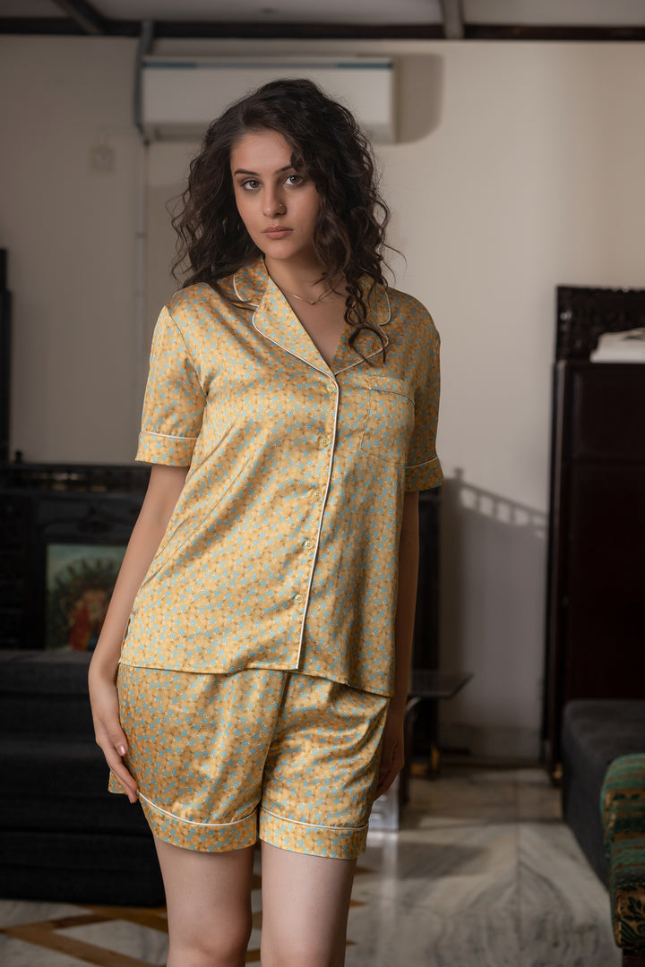 Mustard bloom button down short set in japan satin