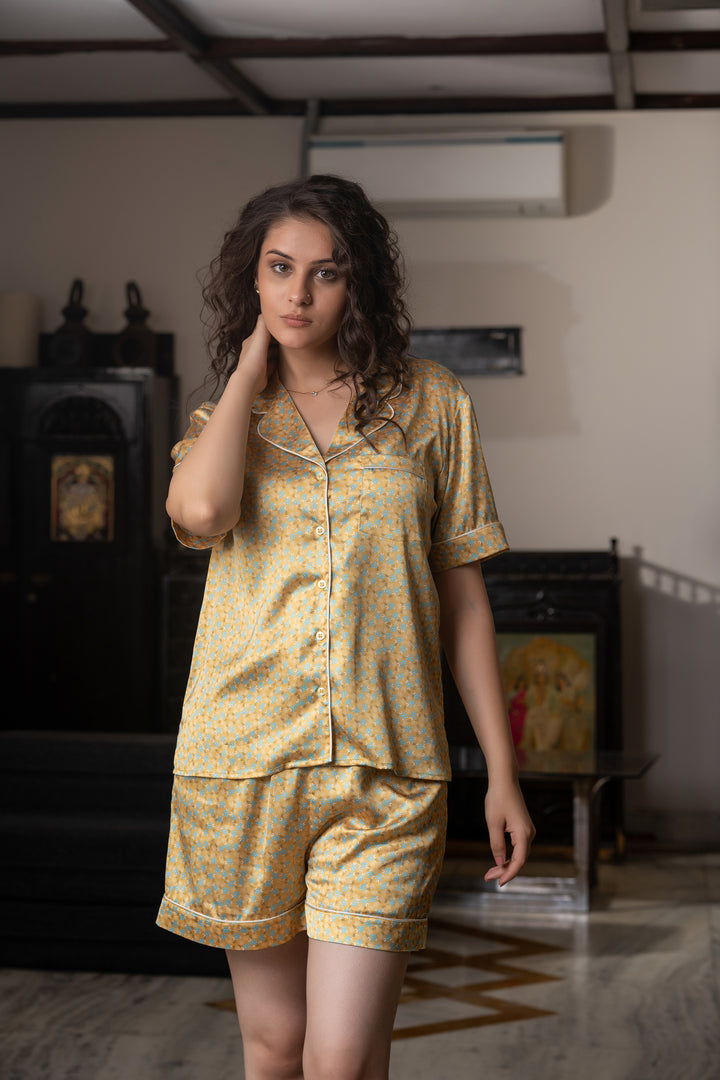 Mustard bloom button down short set in japan satin