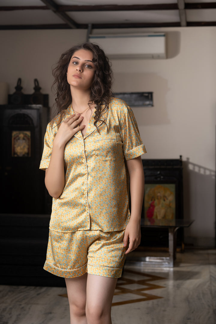 Mustard bloom button down short set in japan satin